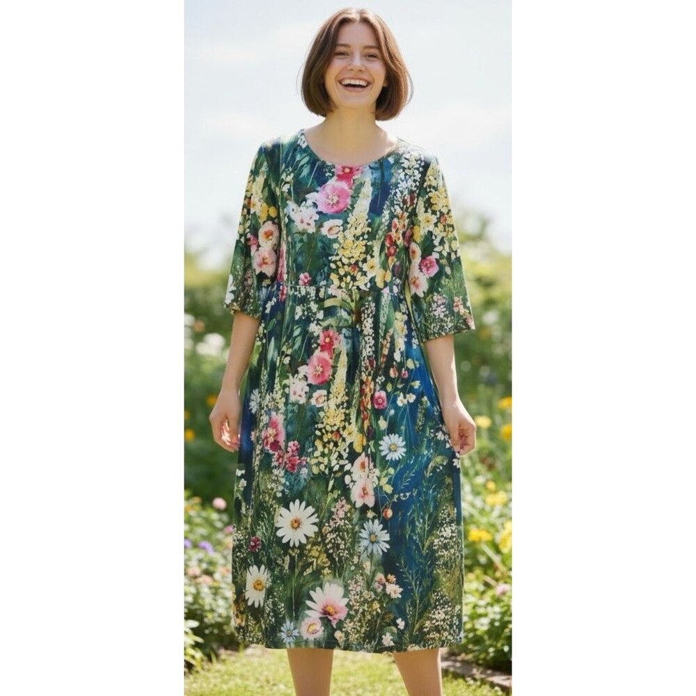 Shall We NWT vibrant artsy floral fields 1/2 sleeve pockets midi dress Medium
